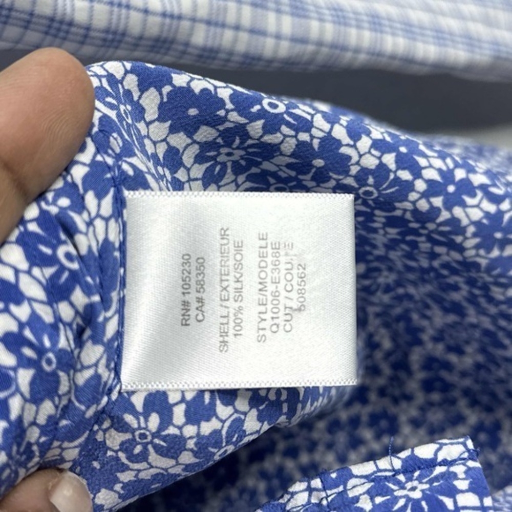 Equipment Shirt Women Small Silk Blue Floral Check Button Career Coquette Blouse - Picture 10 of 10